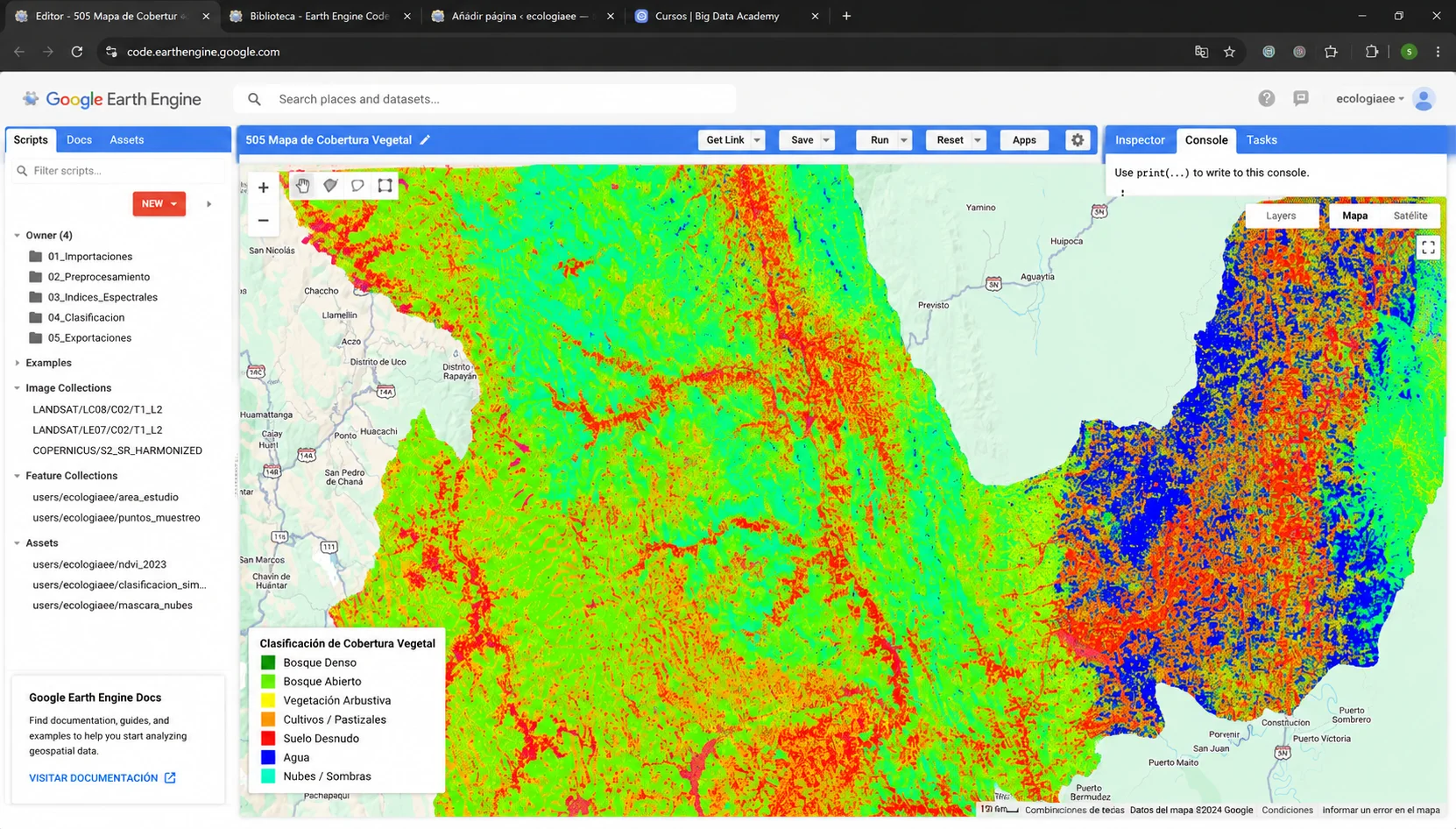 Mapa de cobertura vegetal generado con imágenes satelitales y Google Earth Engine para ecología espacial