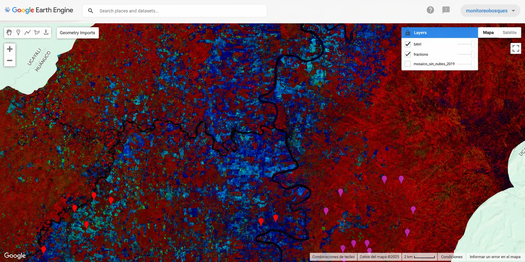 Análisis de fracciones espectrales para evaluar vegetación, suelo y sombra en Google Earth Engine