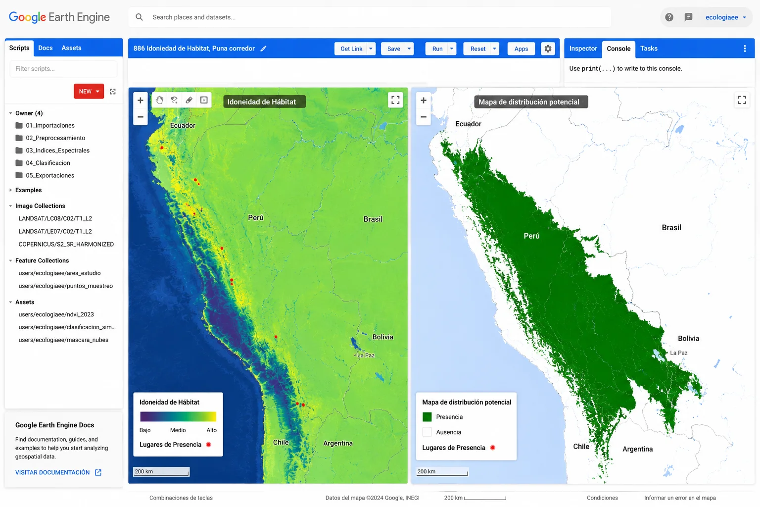 Mapa de idoneidad de hábitat generado con Google Earth Engine para análisis ecológico de especies