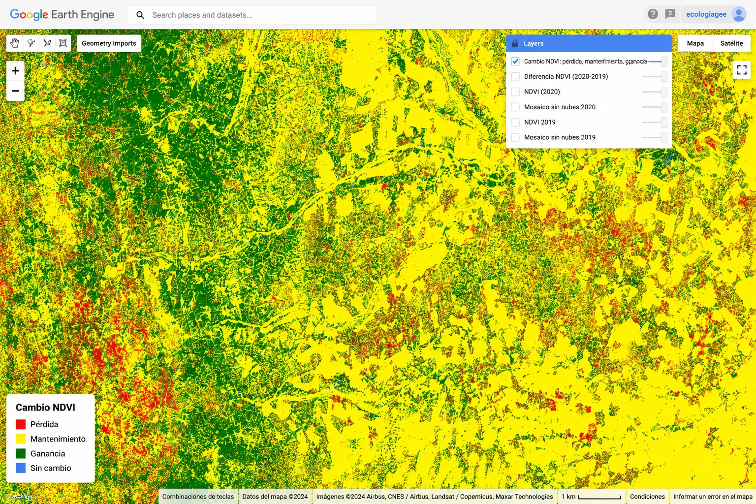 Vista aérea de bosque y río para representar monitoreo forestal con Google Earth Engine