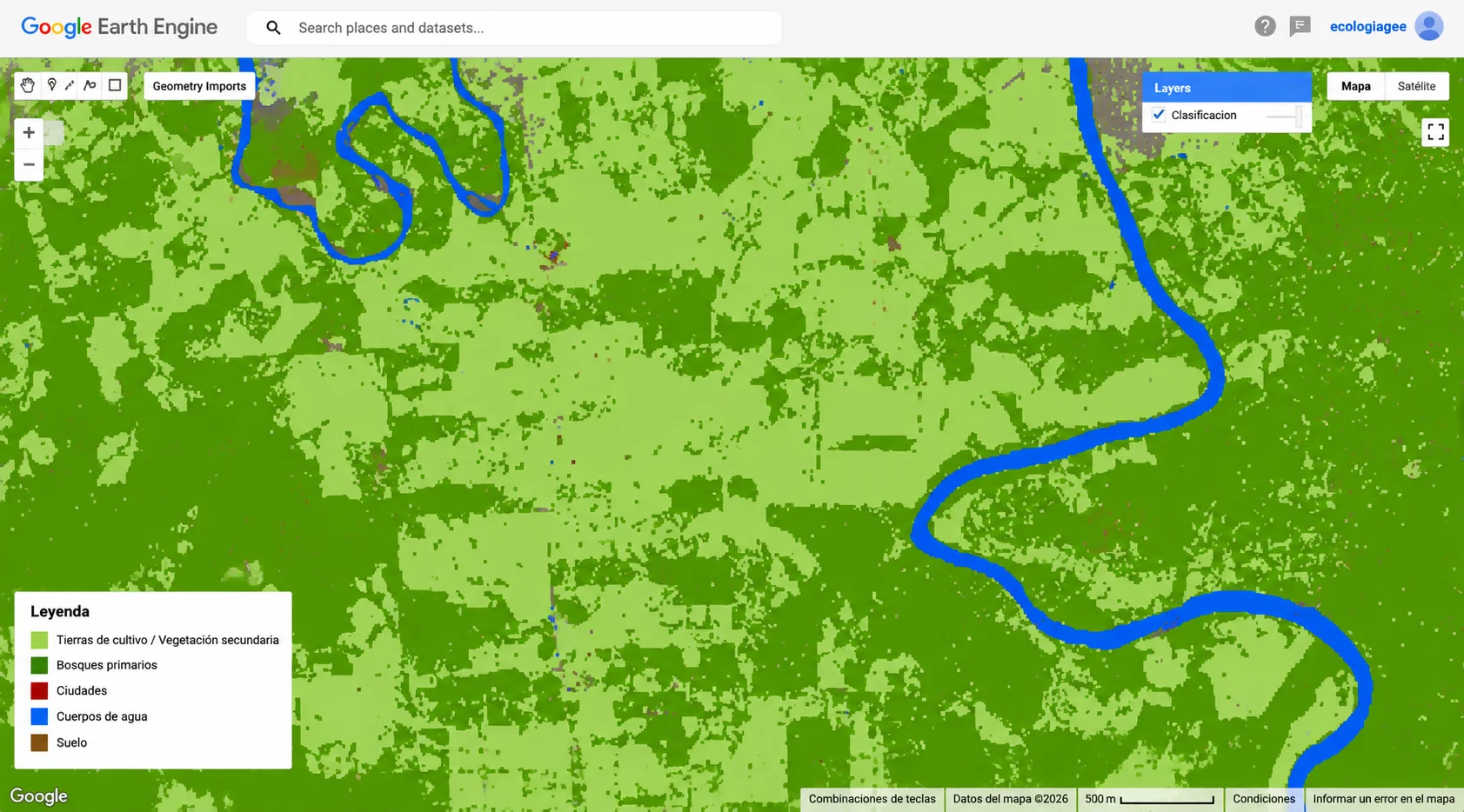 Clasificación de cobertura forestal con Google Earth Engine mostrando bosques primarios, vegetación secundaria, agua, suelo y ciudades