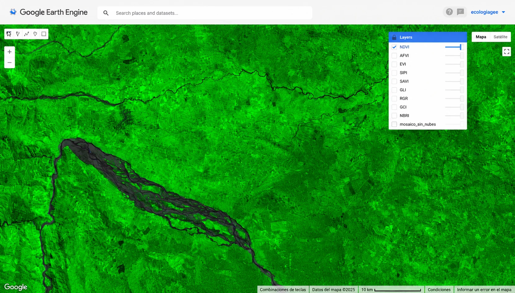 Visualización de NDVI en Google Earth Engine para análisis de vegetación y monitoreo forestal