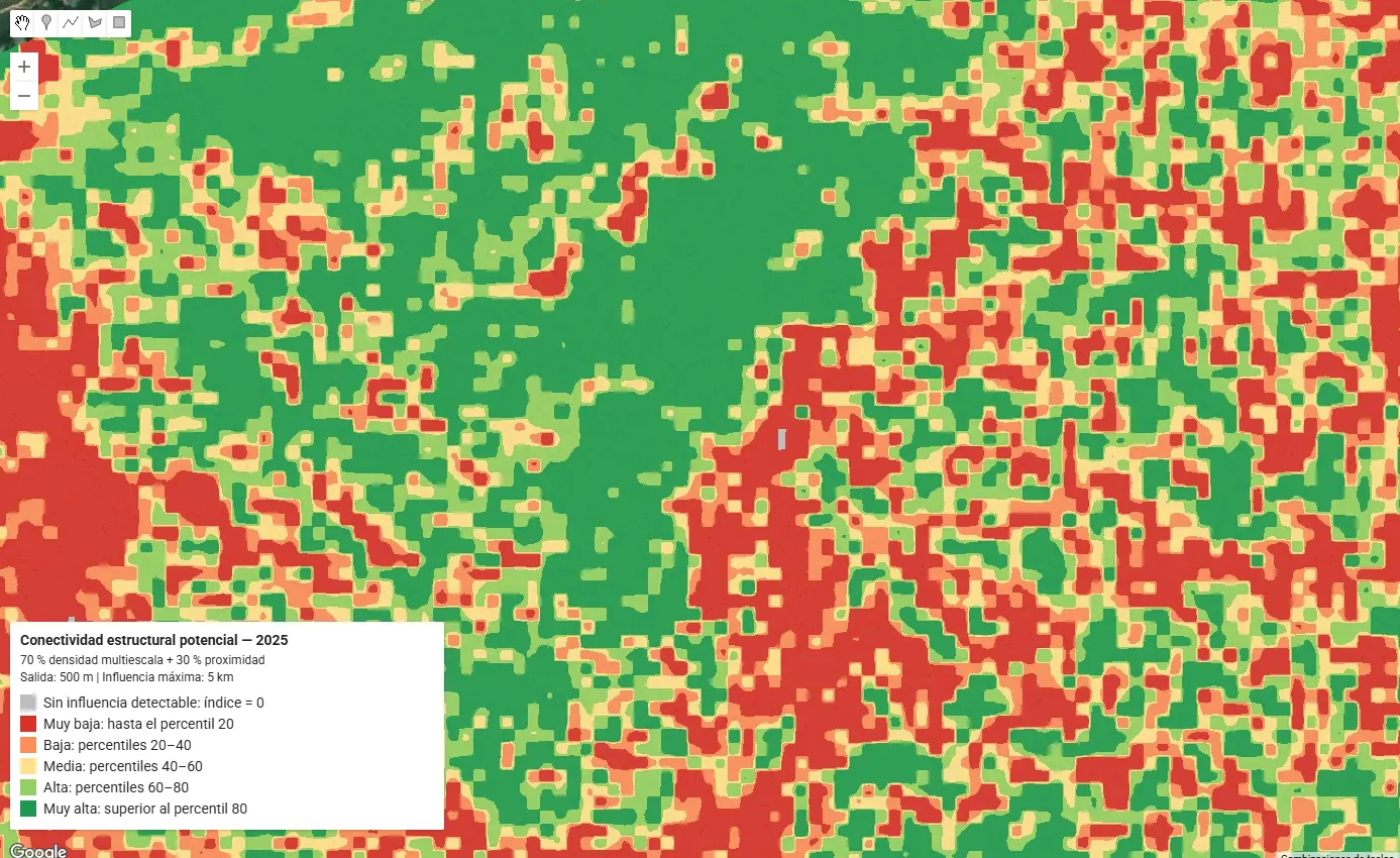 Mapa de conectividad estructural y del hábitat — análisis espacial de la continuidad de la vegetación, corredores ecológicos y distancia entre parches con Google Earth Engine