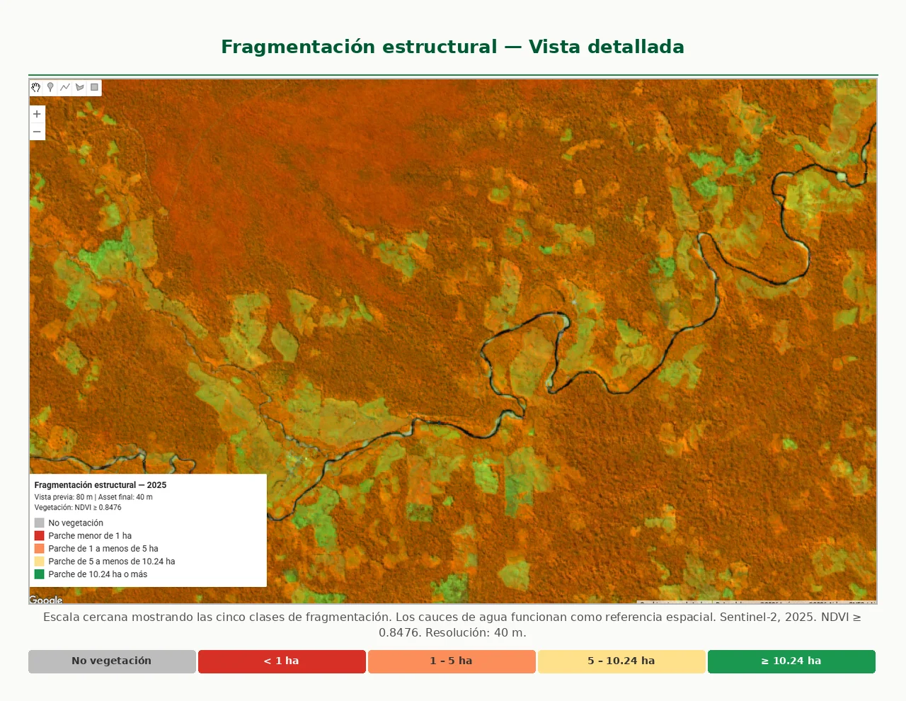 Conectividad del hábitat vista regional — grandes bloques de vegetación conectada en verde y zonas de fragmentación de hábitat sin vegetación en gris, diagnóstico con Sentinel-2 y Google Earth Engine