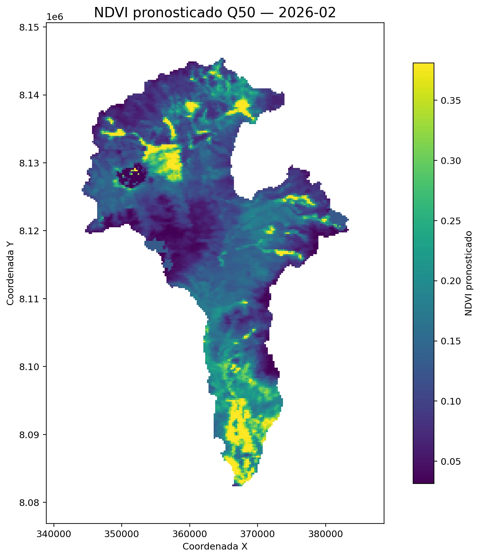 Pronóstico de NDVI Q50 — Febrero 2026 Pronóstico de NDVI con inteligencia artificial febrero 2026 Q50 — mapa continuo Alto Locumba