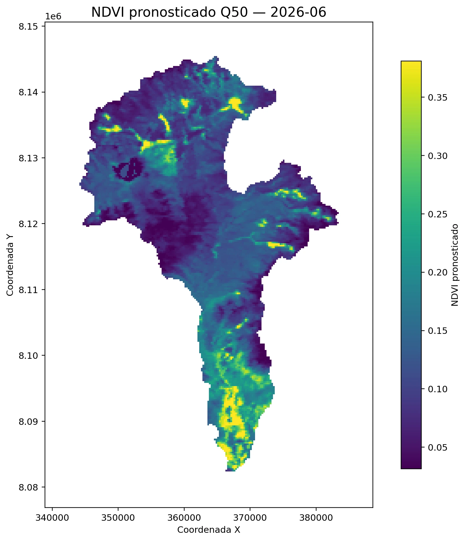 Pronóstico de NDVI Q50 — Junio 2026 Pronóstico de NDVI con inteligencia artificial junio 2026 Q50 — mapa continuo estación seca Alto Locumba