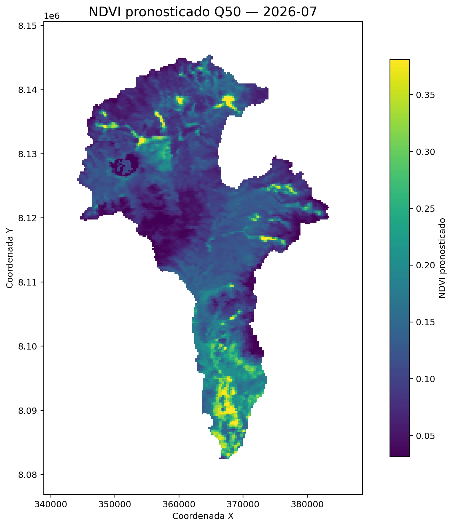 Pronóstico de NDVI Q50 — Julio 2026 Pronóstico de NDVI con inteligencia artificial julio 2026 Q50 — mapa continuo estación seca Alto Locumba