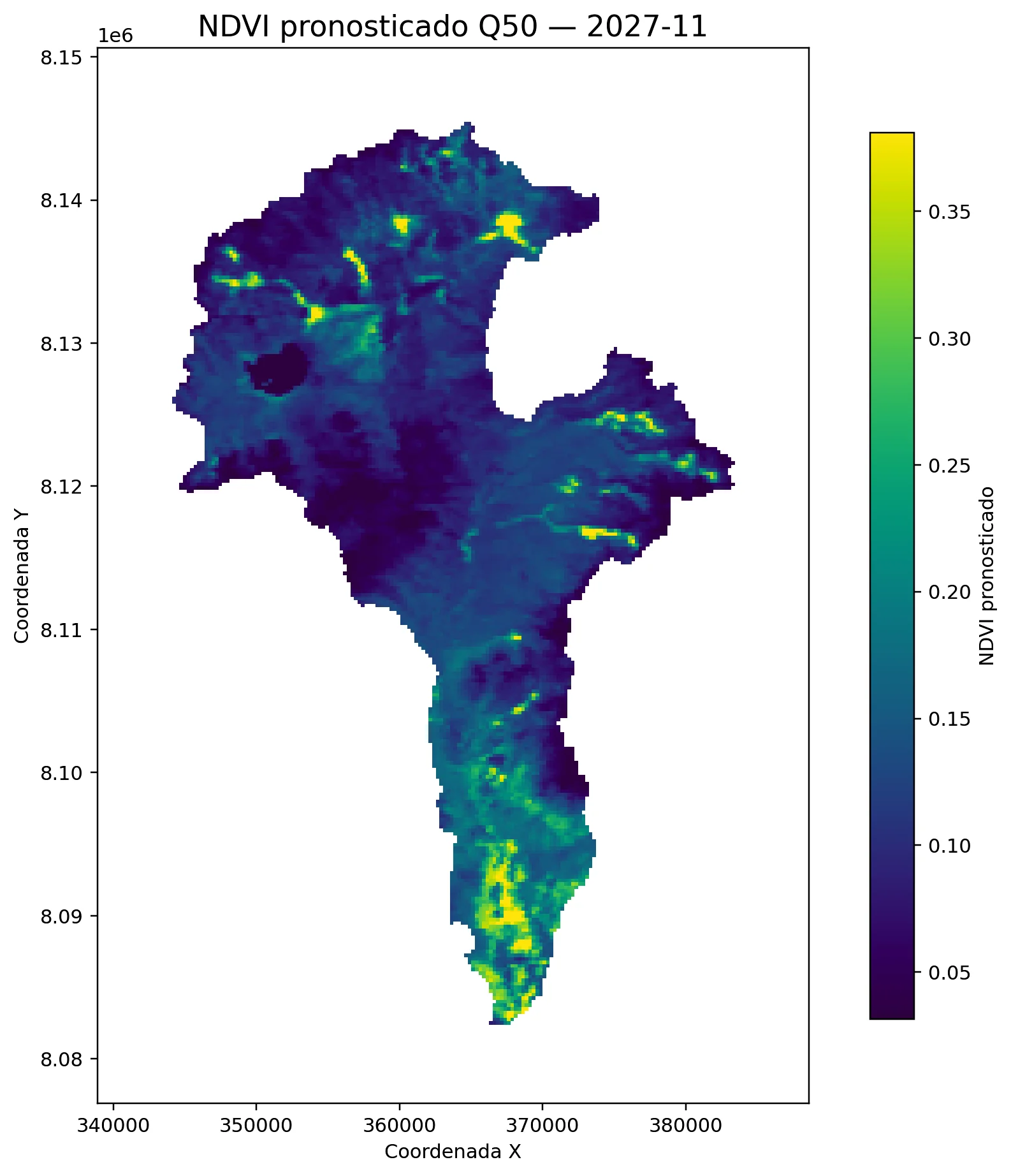 Pronóstico de NDVI Q50 — Noviembre 2027 Pronóstico de NDVI con inteligencia artificial noviembre 2027 Q50 — mapa continuo Alto Locumba segundo año