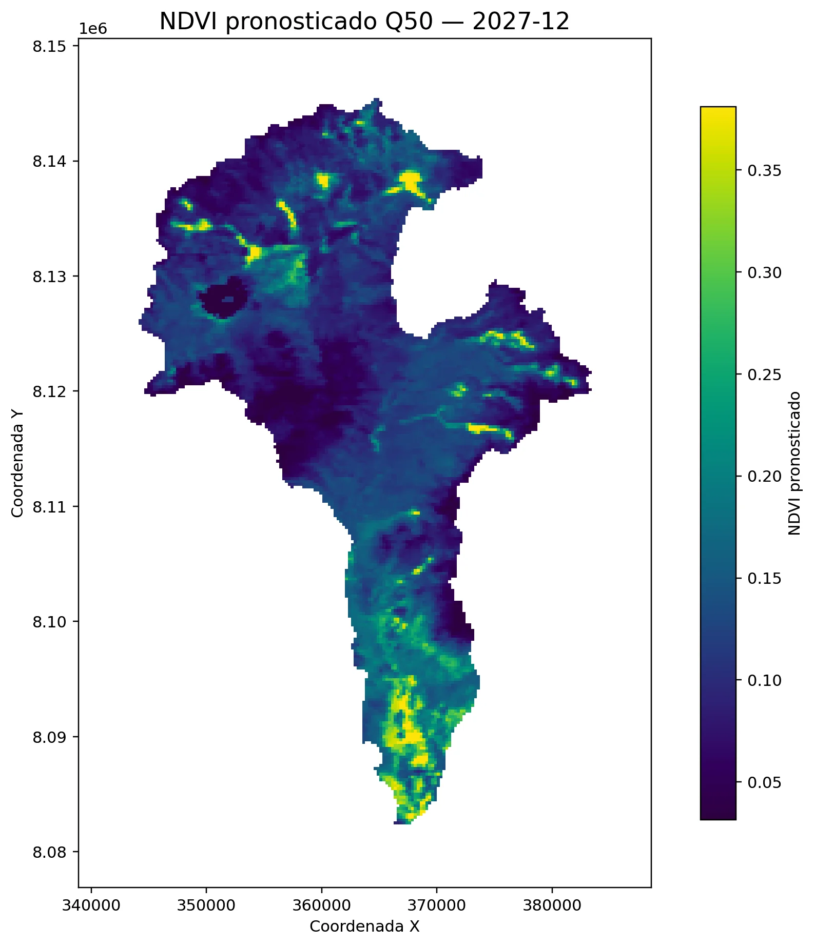 Pronóstico de NDVI Q50 — Diciembre 2027 Pronóstico de NDVI con inteligencia artificial diciembre 2027 Q50 — mapa continuo fin del horizonte de predicción Alto Locumba