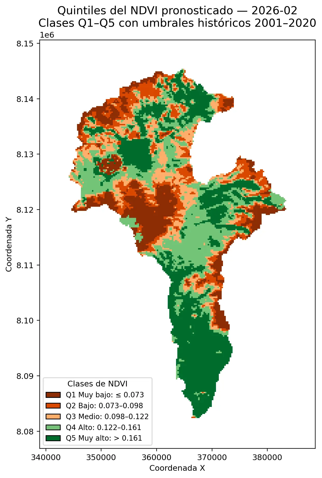Pronóstico de NDVI Quintiles — Febrero 2026 Pronóstico de NDVI con inteligencia artificial quintiles febrero 2026 — clasificación Q1 a Q5 Alto Locumba