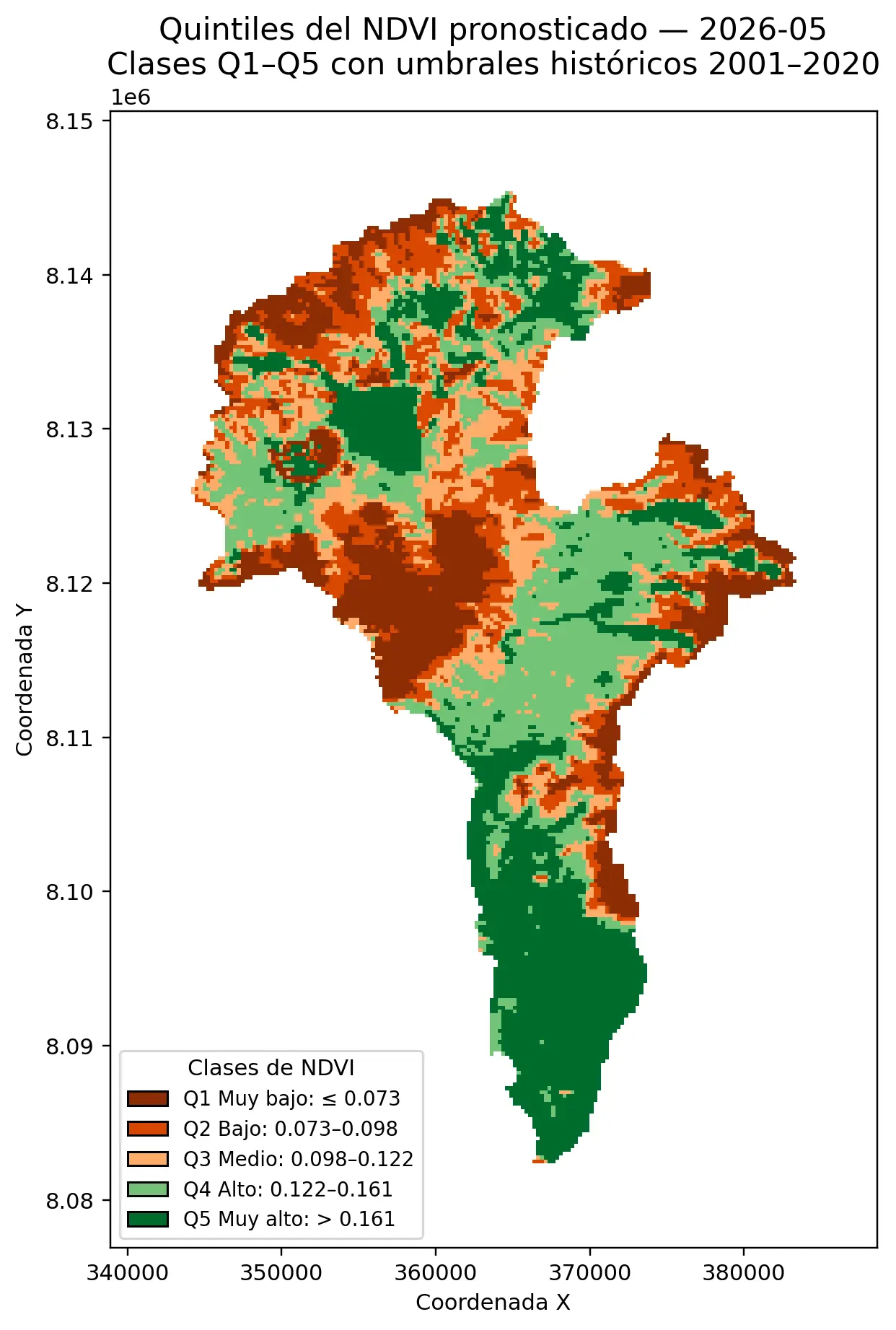 Pronóstico de NDVI Quintiles — Mayo 2026 Pronóstico de NDVI con inteligencia artificial quintiles mayo 2026 — clasificación Q1 a Q5 Alto Locumba