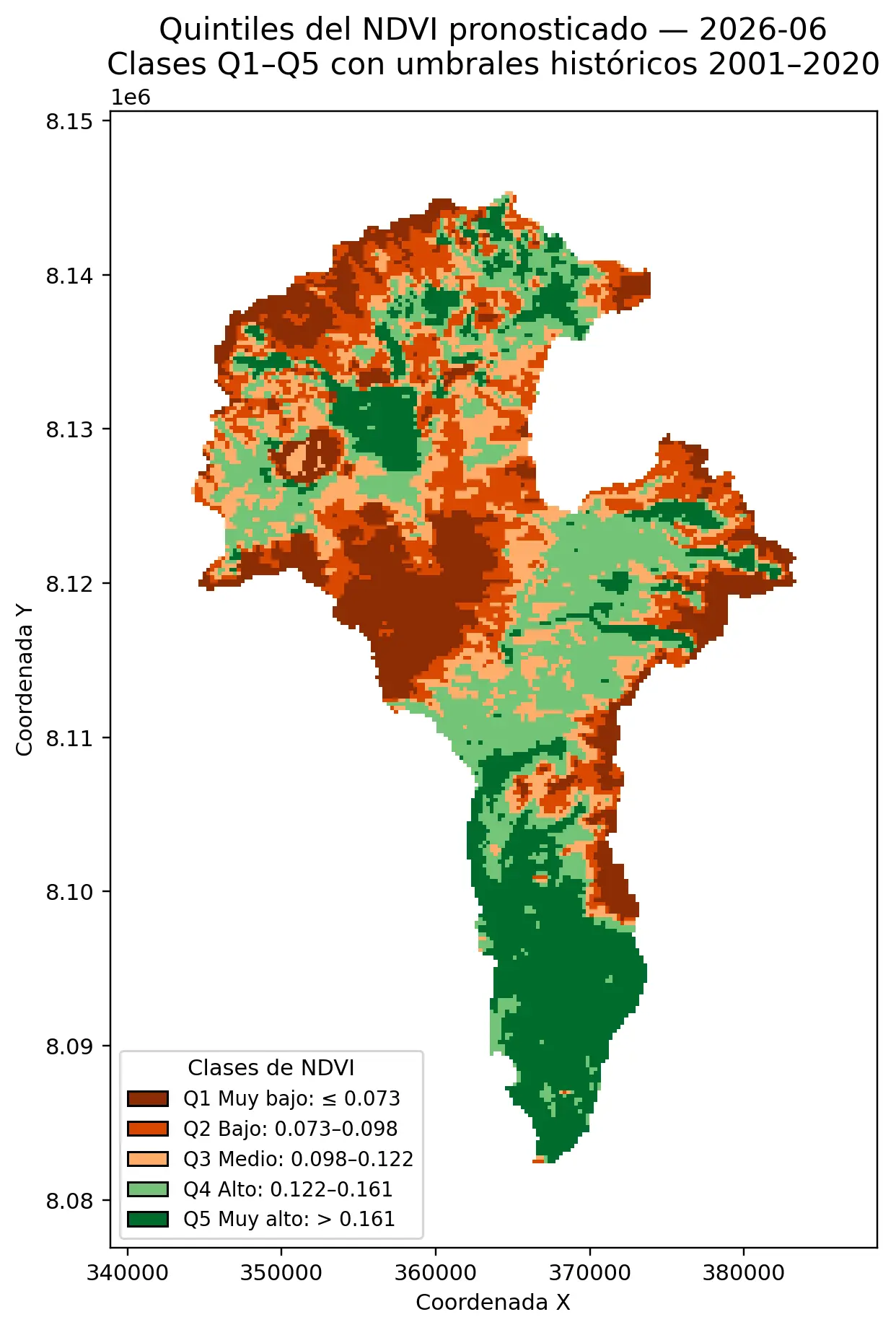 Pronóstico de NDVI Quintiles — Junio 2026 Pronóstico de NDVI con inteligencia artificial quintiles junio 2026 — clasificación Q1 a Q5 estación seca Alto Locumba