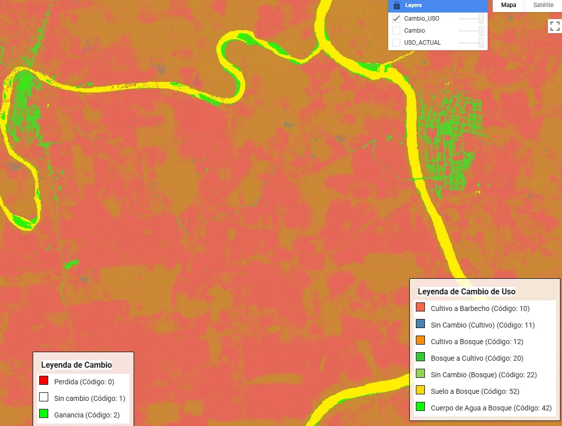 Monitoreo de bosques y cambio de uso de suelo — mapa de transiciones de cobertura con Sentinel-2 y Google Earth Engine